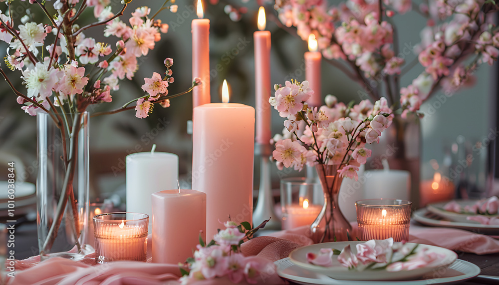 Romantic table setting with candles and flowers Romantic table setting with candles and flowers