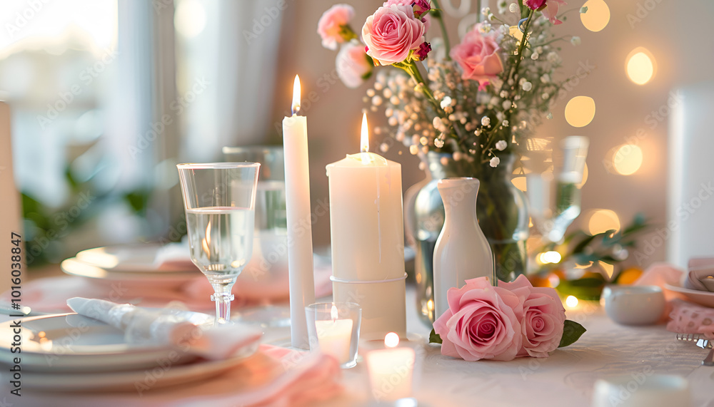 Romantic table setting with candles and flowers Romantic table setting with candles and flowers