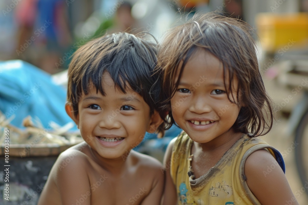 Portrait of two little girls smiling in the street. Focus on the girl Portrait of two little girls smiling in the street. Focus on the girl