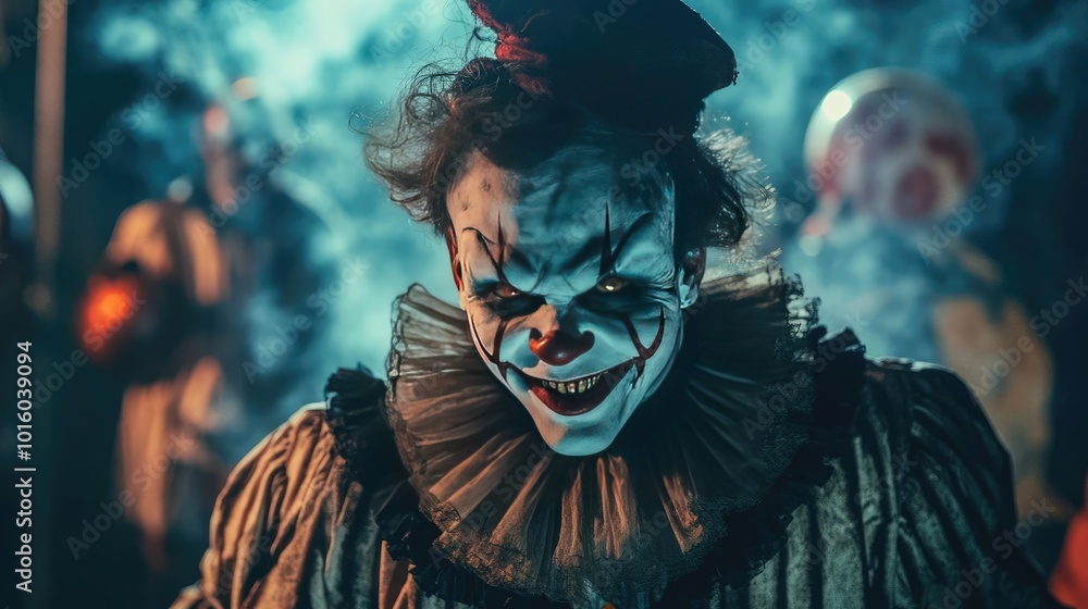 A menacing clown with dramatic makeup and a ruffled costume, surrounded by mist and eerie lighting, perfect for Halloween themes. A menacing clown with dramatic makeup and a ruffled costume, surrounded by mist and eerie lighting, perfect for Halloween themes.