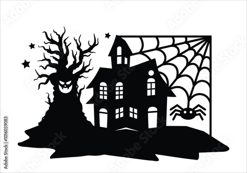 Halloween haunted house scene silhouette. Spooky, scary, ghosted house scenes with tree and bats. Vector illustration design template for stencil, wall decor, door decoration, sticker.