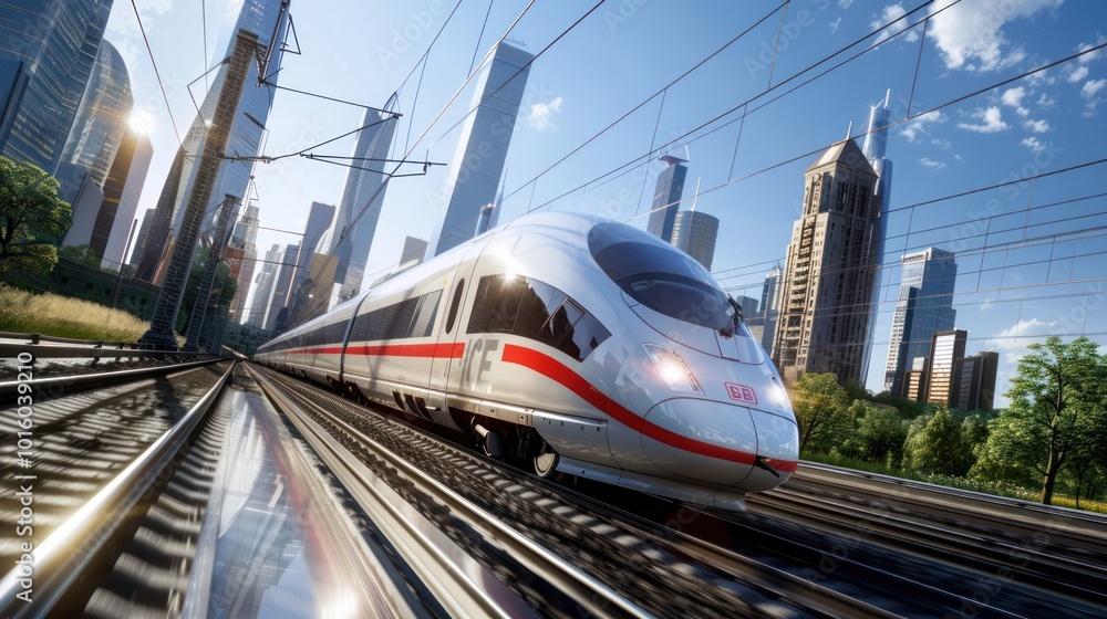 Fototapeta premium High-Speed Train Traveling Through a Modern Cityscape
