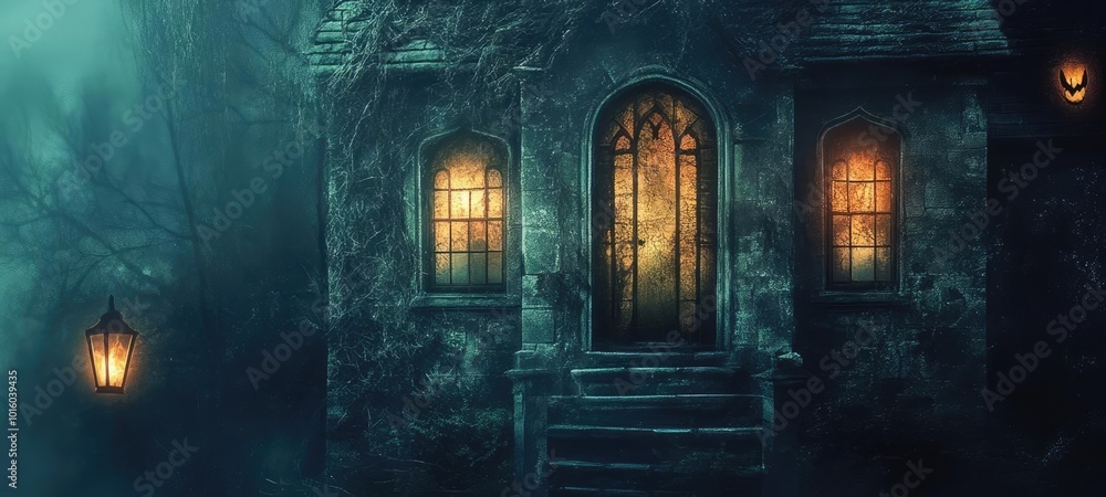 A mysterious haunted house shrouded in fog, with glowing windows and eerie lanterns, perfect for Halloween or spooky themes. A mysterious haunted house shrouded in fog, with glowing windows and eerie lanterns, perfect for Halloween or spooky themes.