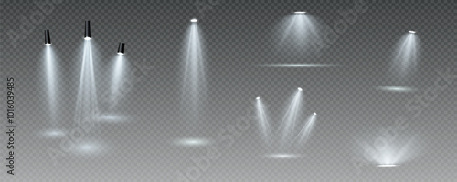 The vector set of light includes a light source, studio lighting, walls, and a PNG. It also includes spotlight lighting and a spotlight PNG. Finally, it includes light beams and a light effect.