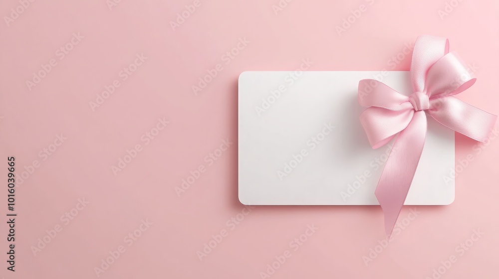 Elegant white gift card adorned with a soft pink ribbon bow, set against a delicate pastel pink background, creating a minimalist and inviting presentation. Elegant white gift card adorned with a soft pink ribbon bow, set against a delicate pastel pink background, creating a minimalist and inviting presentation.