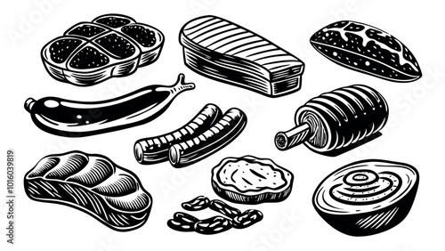 Gastronomic meat products sketches set