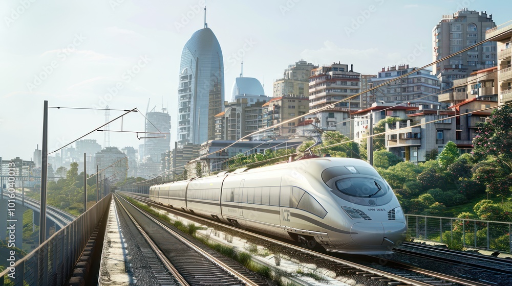 Naklejka premium High-Speed Train Traveling Through a Modern City