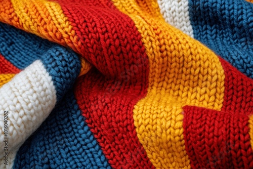 Close-up of vibrant hand-knitted scarves in cozy textile arrangement photo