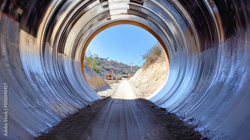 View from a large steel pipe showing construction activities and a clear blue sky, emphasizing modern water supply infrastructure preparation