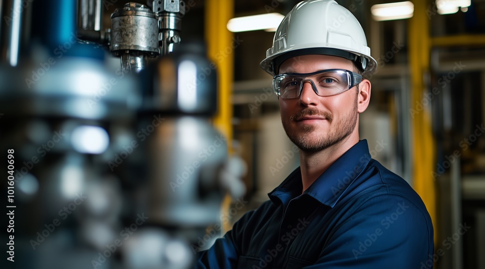 Portrait of Male Engineer in Hard Hat and Safety Glasses Operating Modern Machinery in a Factory Setting Portrait of Male Engineer in Hard Hat and Safety Glasses Operating Modern Machinery in a Factory Setting