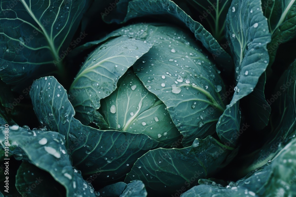 Lush green cabbage with dewdrops closeup in vegetable garden Lush green cabbage with dewdrops closeup in vegetable garden