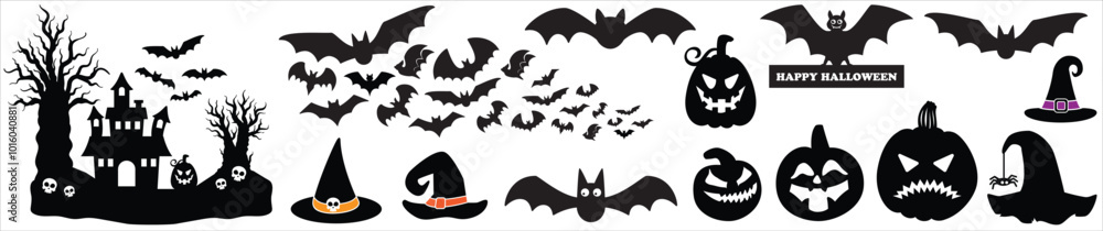 Halloween haunted house scene silhouette. Spooky, scary, ghosted house with tree, witch hat, pumpkin and bats. Vector illustration design template for stencil, wall decor, door decoration, sticker. Halloween haunted house scene silhouette. Spooky, scary, ghosted house with tree, witch hat, pumpkin and bats. Vector illustration design template for stencil, wall decor, door decoration, sticker.