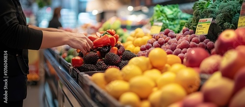 Fototapeta Naklejka Na Ścianę i Meble -  A shopper reaches for red peppers in a grocery store produce aisle. The aisle is filled with fresh fruits and vegetables including plums, oranges, lemons, and broccoli.