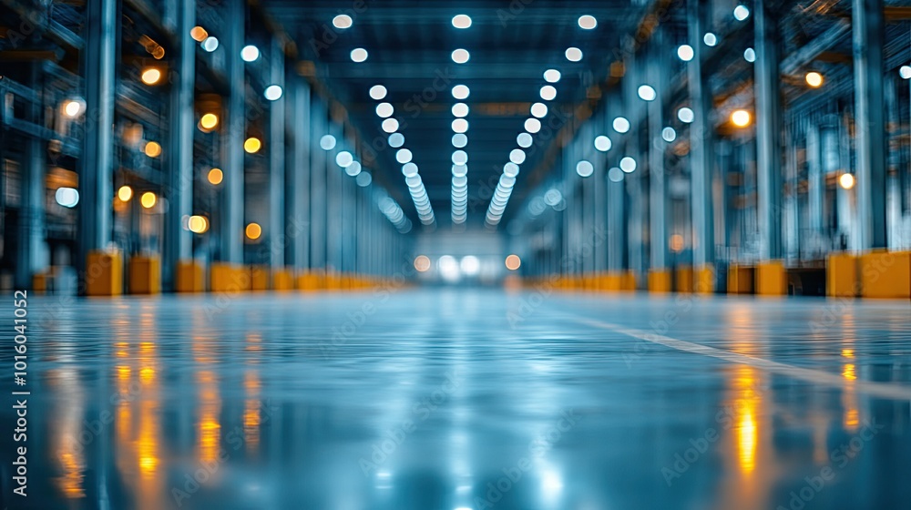Empty warehouse with blue and yellow lights. This photo can be used for concepts of logistics, production, or industry. Empty warehouse with blue and yellow lights. This photo can be used for concepts of logistics, production, or industry.