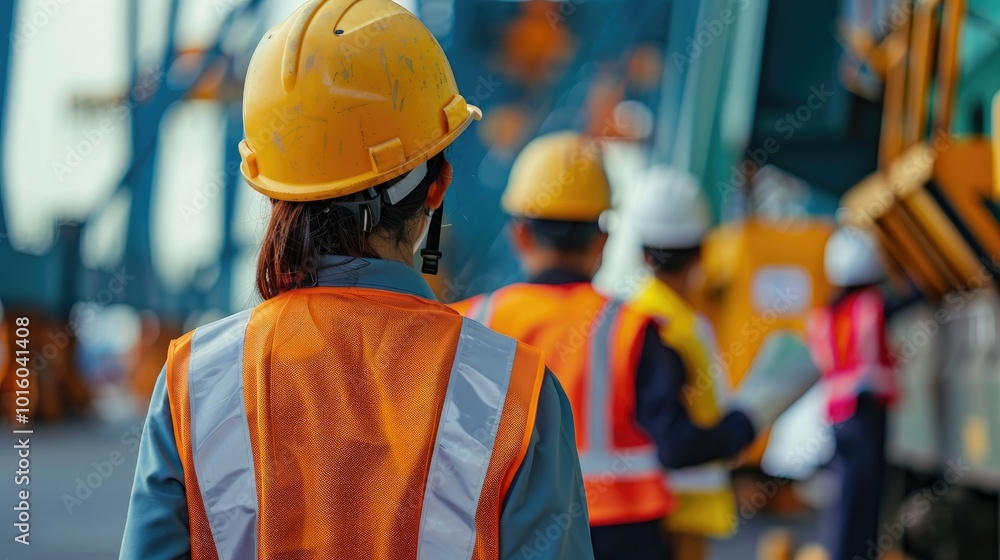 Construction workers collaborating at a busy site Construction workers collaborating at a busy site