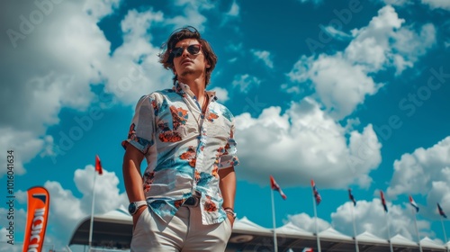 Stylish Man in Floral Shirt Under Blue Sky with Clouds and Flags