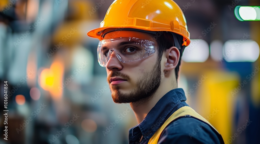 Portrait of Male Engineer in Hard Hat and Safety Glasses Operating Modern Machinery in a Factory Setting Portrait of Male Engineer in Hard Hat and Safety Glasses Operating Modern Machinery in a Factory Setting
