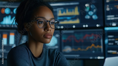 Close-up portrait of a data analyst, focused on a laptop displaying detailed graphs and charts.