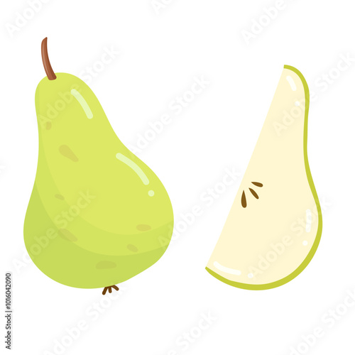 Green pear. Juicy summer fruit, vitamin, diet, healthy food. Vector design isolated on white background