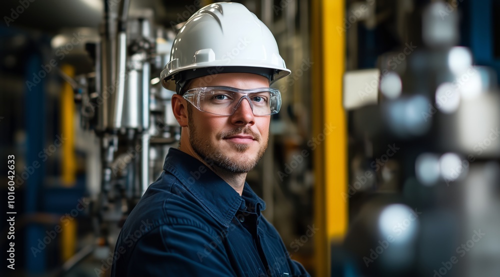 Portrait of Male Engineer in Hard Hat and Safety Glasses Operating Modern Machinery in a Factory Setting Portrait of Male Engineer in Hard Hat and Safety Glasses Operating Modern Machinery in a Factory Setting
