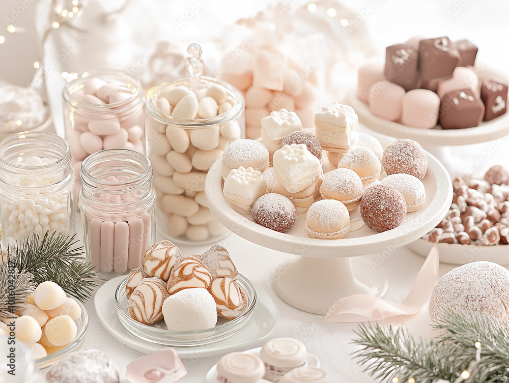 Christmas Candies and Treats Display: A soft pastel-colored display of holiday candies, chocolates, and cookies, arranged in small glass jars or trays, surrounded by festive decor like pine branches, Christmas Candies and Treats Display: A soft pastel-colored display of holiday candies, chocolates, and cookies, arranged in small glass jars or trays, surrounded by festive decor like pine branches,