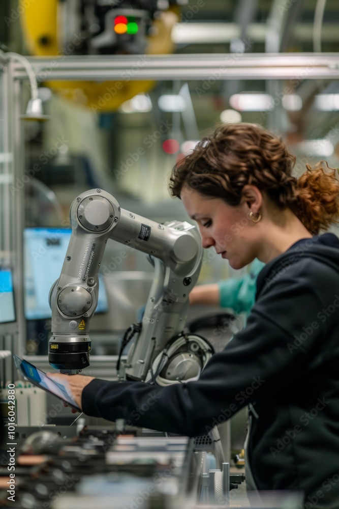 Female engineer programming industrial robotic arm in modern factory Female engineer programming industrial robotic arm in modern factory