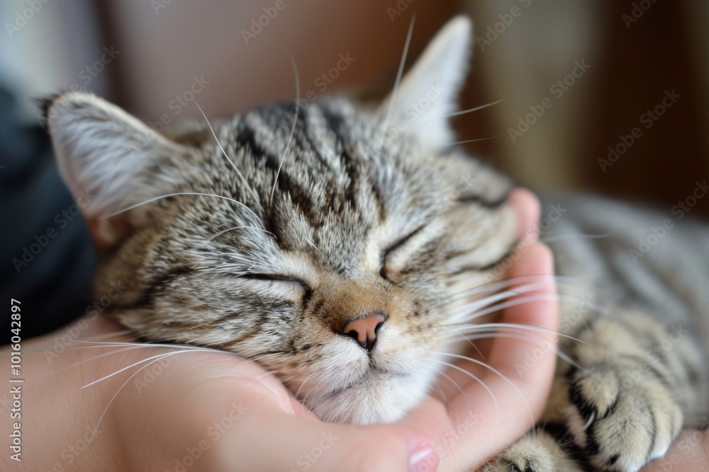 Hand cradling a napping tabby cat with serene expression Hand cradling a napping tabby cat with serene expression