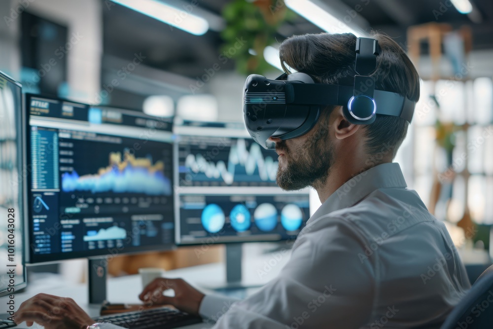 Professional analyzing data with virtual reality headset in office Professional analyzing data with virtual reality headset in office