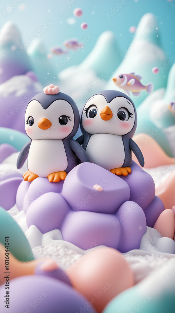 Obraz premium Cute Penguin Couple on a Purple Cloud.