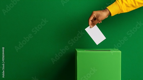 A hand hovers above a green ballot box, ready to cast a white voting card, symbolizing civic duty. Get Out The Vote Concept
