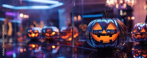 Festive Halloween pumpkins glowing in vibrant colors, creating a spooky yet playful atmosphere perfect for autumn celebrations.