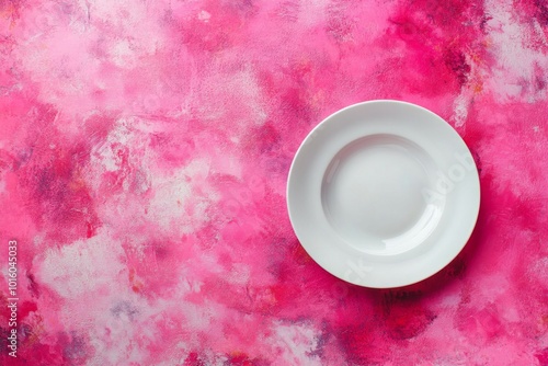 Top View of a White Plate on a Pink Surface
