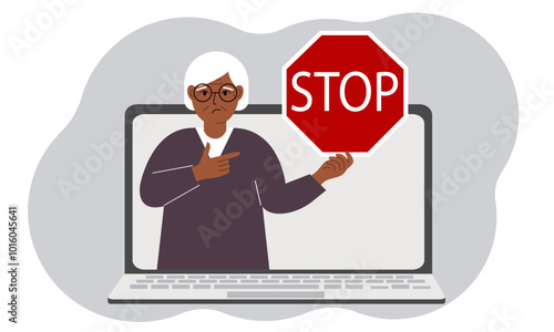A woman holding a red stop sign in a laptop screen. Virus, attack, error, account or page deletion. Vector flat illustration