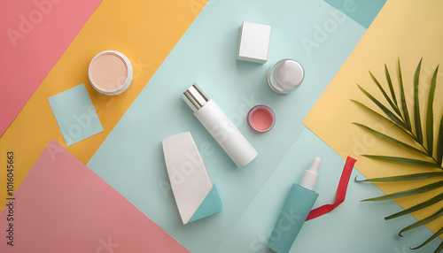 Flat lay composition with cosmetic products on color background