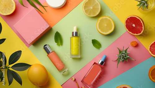 Flat lay composition with cosmetic products on color background