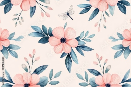 Elegant floral pattern with dragonfly pastel tones