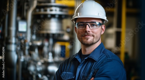 Portrait of Male Engineer in Hard Hat and Safety Glasses Operating Modern Machinery in a Factory Setting photo