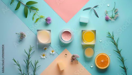 Flat lay composition with cosmetic products on color background