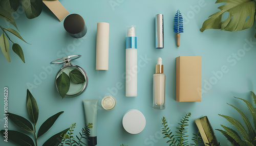 Flat lay composition with cosmetic products on color background