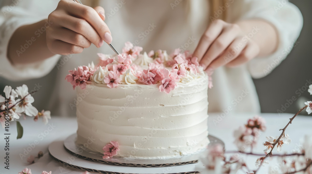 Decorating a cake with cherry blossoms in a cozy setting Decorating a cake with cherry blossoms in a cozy setting