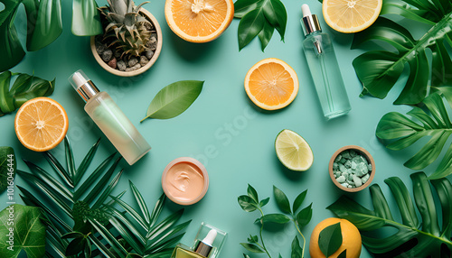Flat lay composition with cosmetic products on color background