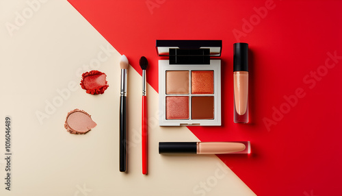 Flat lay composition with cosmetic products on color background
