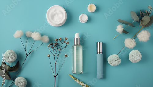 Flat lay composition with cosmetic products on color background