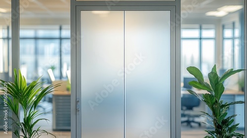 Frosted glass door in an office. Perfect for privacy, the door allows natural light to filter through.