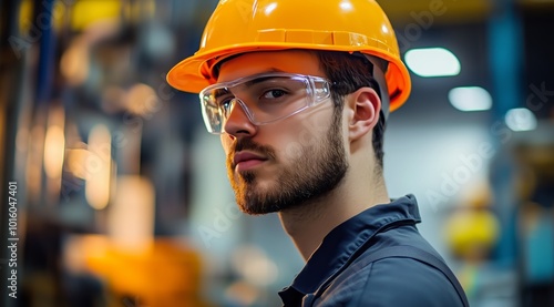 Portrait of Male Engineer in Hard Hat and Safety Glasses Operating Modern Machinery in a Factory Setting photo