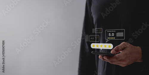 Customer Review, Young Man hand using smartphone mobile touch five star to review and give 5 stars with very good results in service, Good review 5 star rating choice feedback