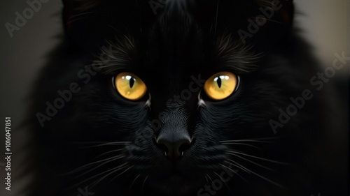 a black cat with yellow eyes and a black background