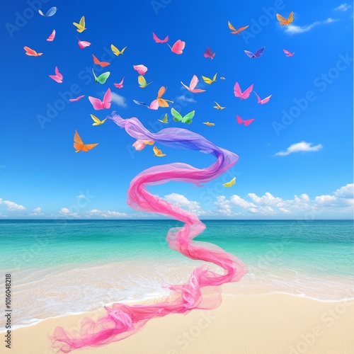 Pink and purple scarf flowing in the wind with origami butterflies on a tropical beach with blue sky photo