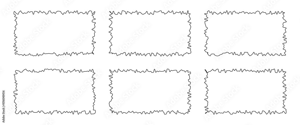 Scallop frame set. Different wavy shapes with squiggly edge border. Zig zag stamps or wiggle stickers for photo, badge, tag design. Curvy labels isolated on white background, editable stroke. Scallop frame set. Different wavy shapes with squiggly edge border. Zig zag stamps or wiggle stickers for photo, badge, tag design. Curvy labels isolated on white background, editable stroke.