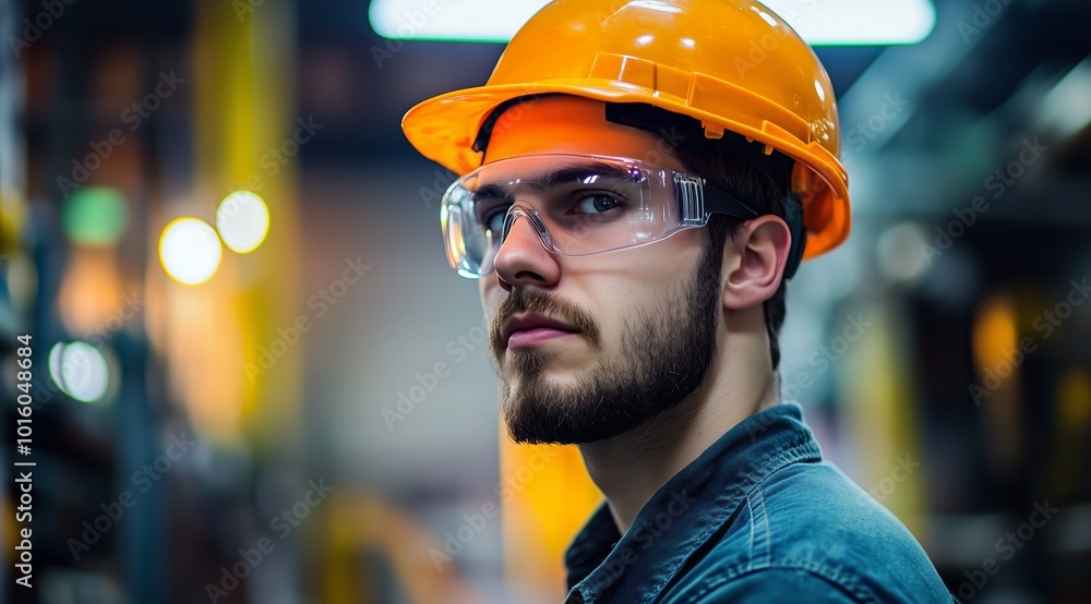 Portrait of Male Engineer in Hard Hat and Safety Glasses Operating Modern Machinery in a Factory Setting Portrait of Male Engineer in Hard Hat and Safety Glasses Operating Modern Machinery in a Factory Setting